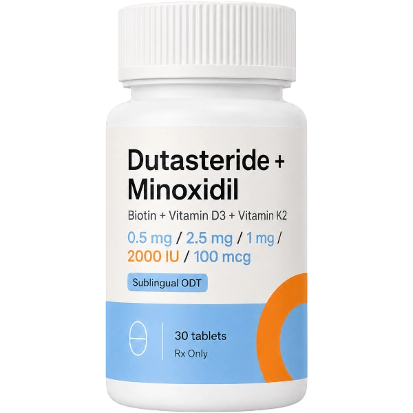 Dutasteride +Minoxidil + Biotin + Vitamin D3 + Vitamin K2 0.5mg / 2.5mg / 1mg / 2000 IU / 100mcg Sublingual ODT · 30 count