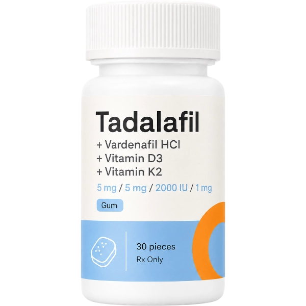 Tadalafil Vardenafil HCl with Vitamin D3 + Vitamin K2 5mg / 5mg / 2000 IU / 1mg Gum (chew 5 min) · 30 count